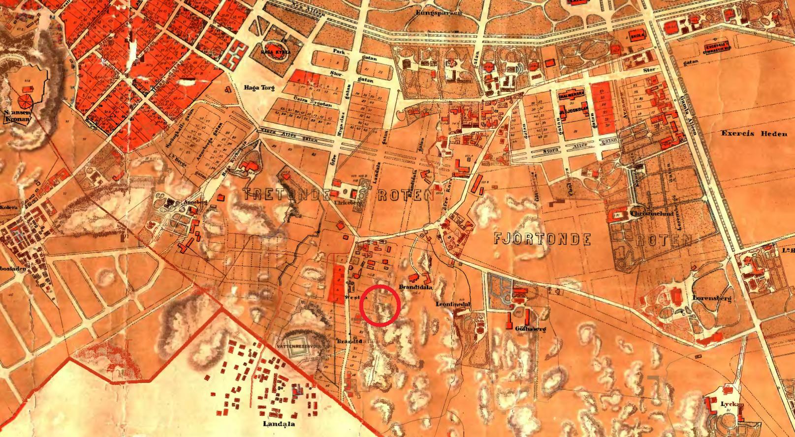 Karta över södra Göteborg år 1872. Den röda cirkeln utgör platsen för den blivande Erik Dahlbergsg.
